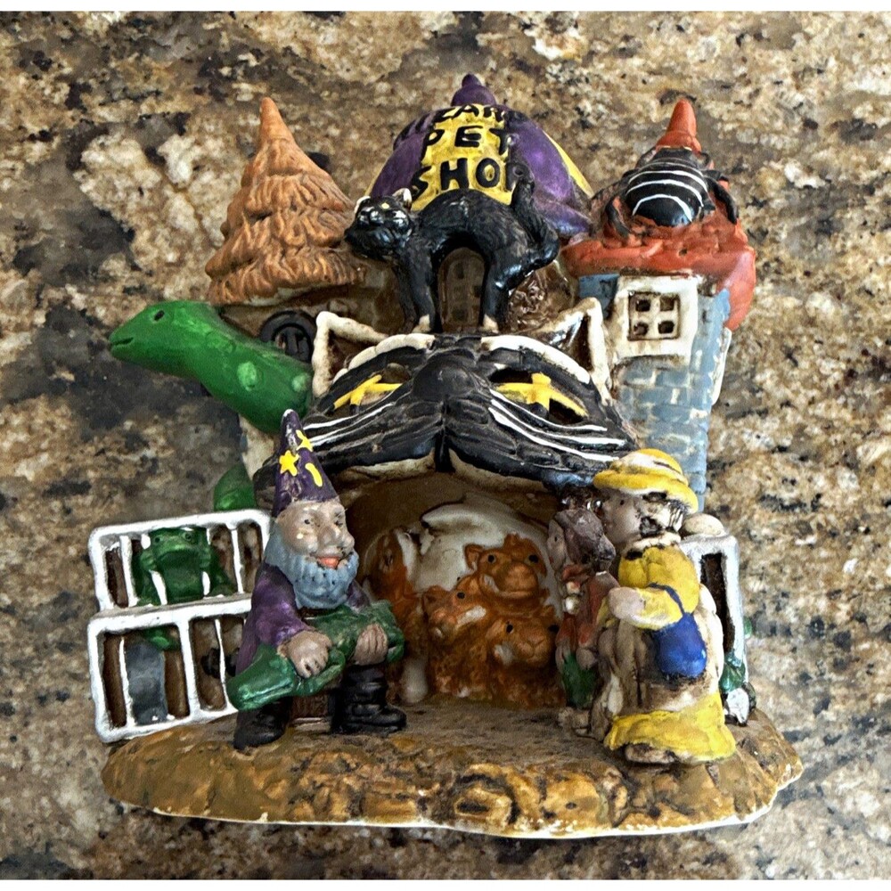 Halloween Village House Decor, Painted Ceramic Multicolor w/ Witch Cat Pumpkin